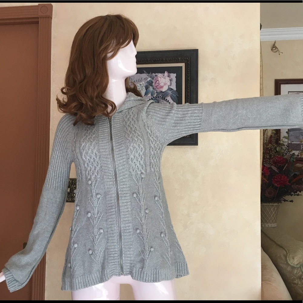 DKNY Silver Metallic Cardigan with a Hiood- Size M